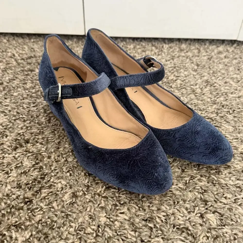 Navy Blue Embossed Velour Mary Jane Block Heel